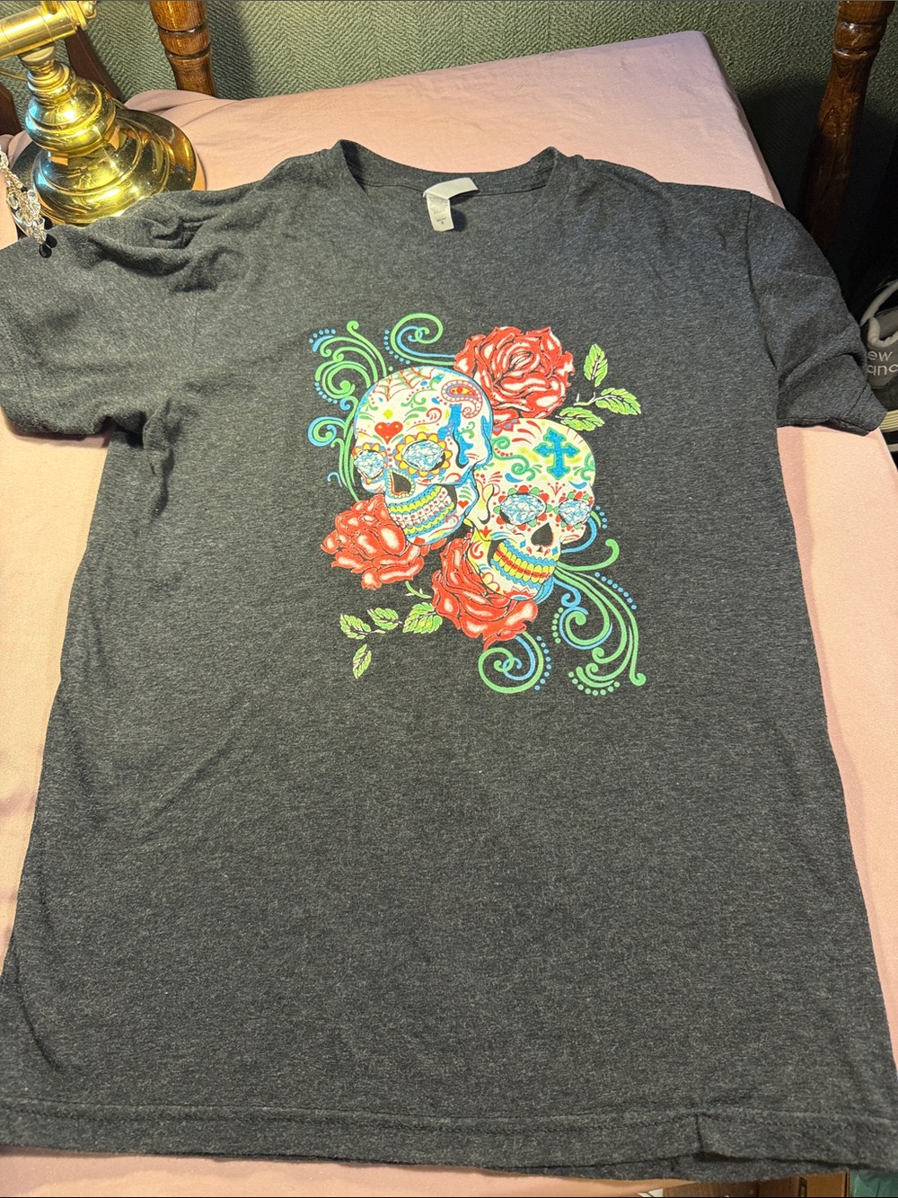 Next Level Apparel Dark Gray Short Sleeve Tee with Colorful Sugar Skull Roses